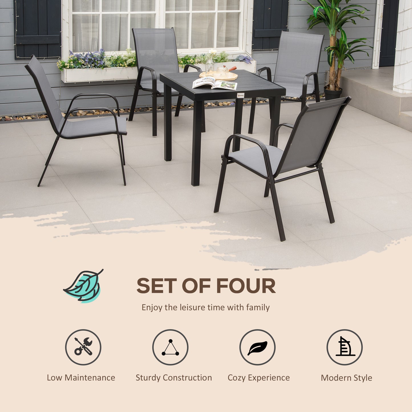 Outsunny Set of 4 Outdoor Garden Dining Chairs with High Back & Armrests