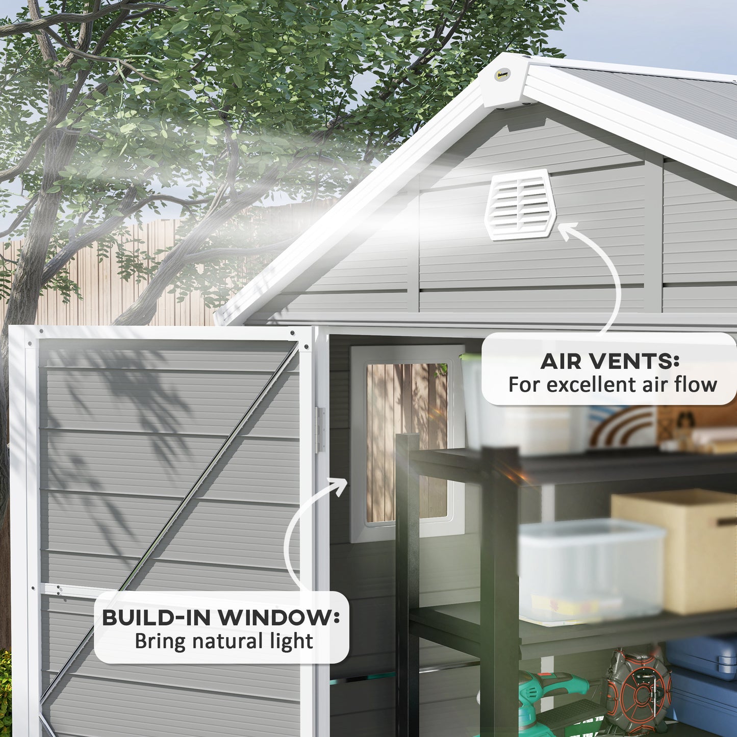 Outsunny 8x6ft Lockable Garden Shed with Foundation, Ventilation & Light Grey Finish