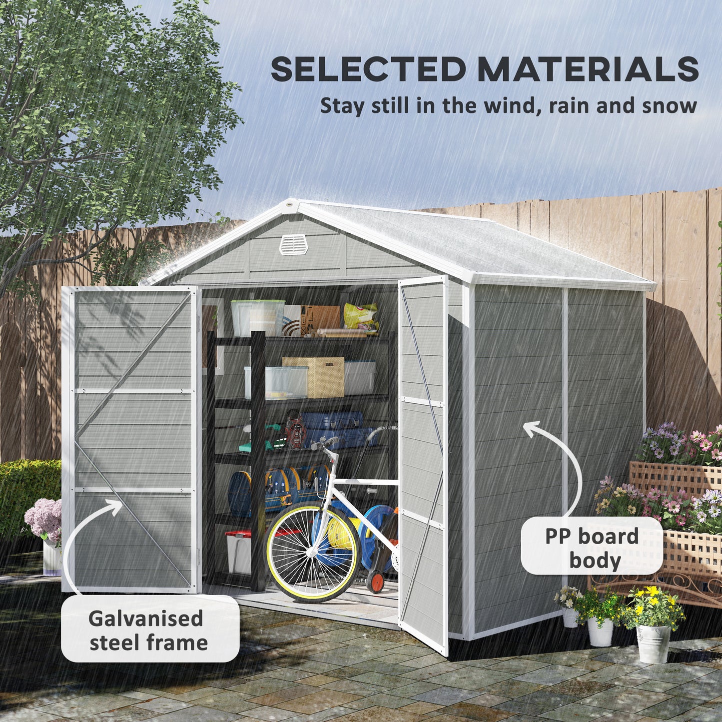 Outsunny 8x6ft Lockable Garden Shed with Foundation, Ventilation & Light Grey Finish
