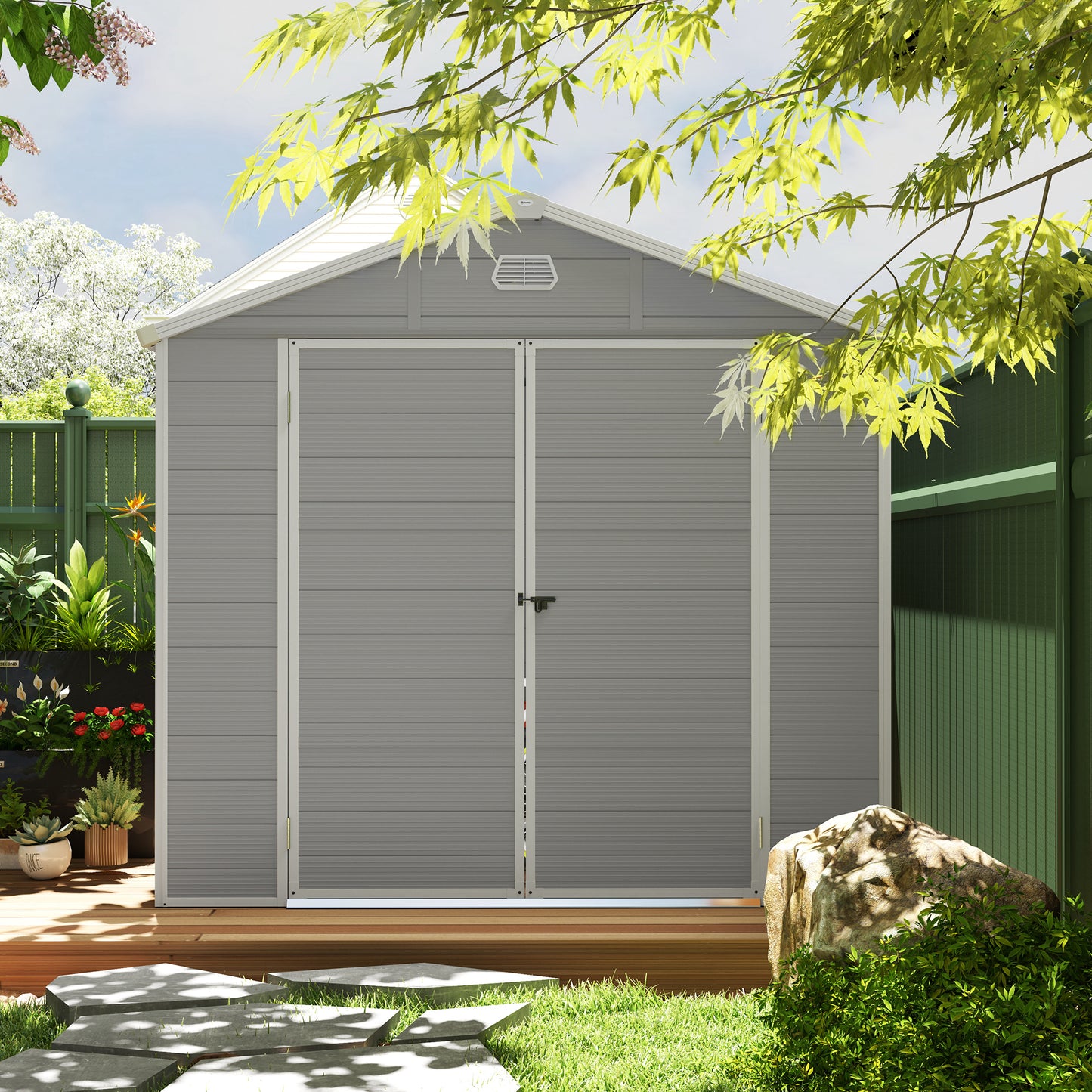 Outsunny 8x6ft Lockable Garden Shed with Foundation, Ventilation & Light Grey Finish