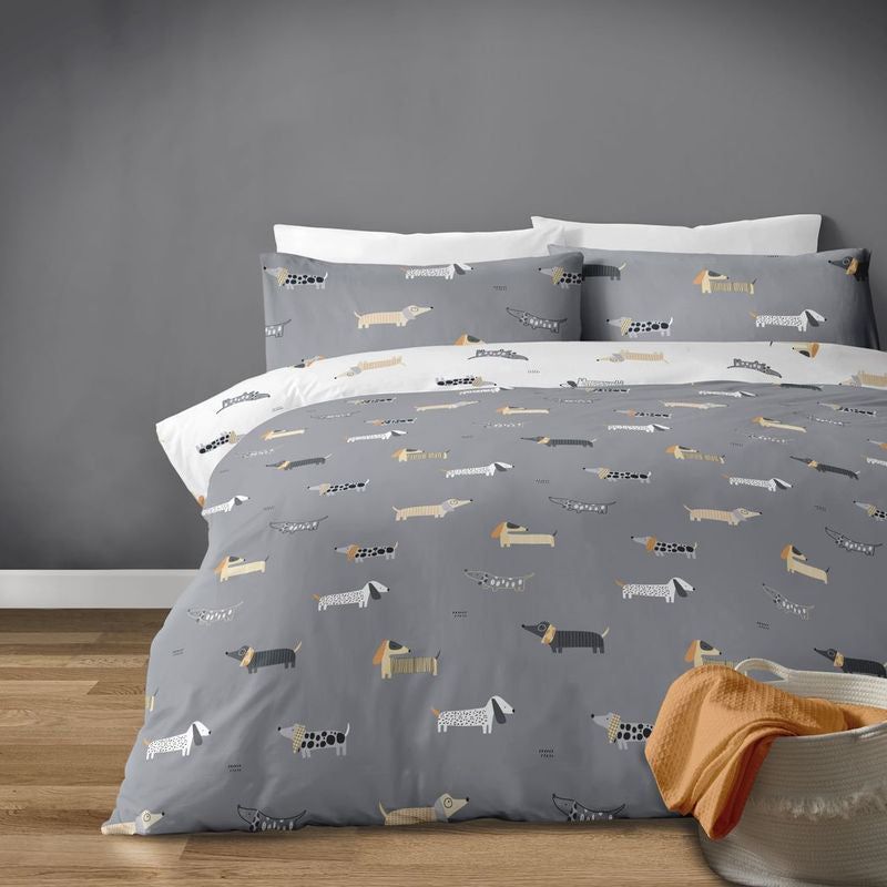 Dachshund Delight: Fun Grey & White Polycotton Duvet Set for Pet Lovers!