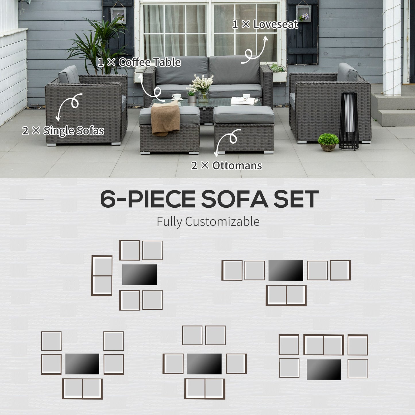 Rattan Set, 6 PC-Grey Garden Furniture Set