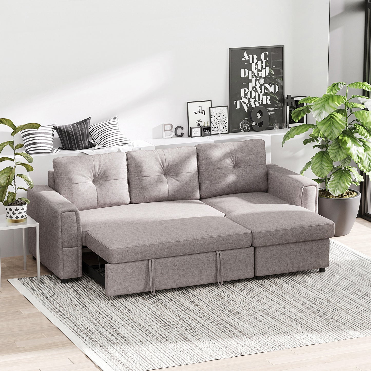 Linen-Look L-Shaped Sofa Bed.