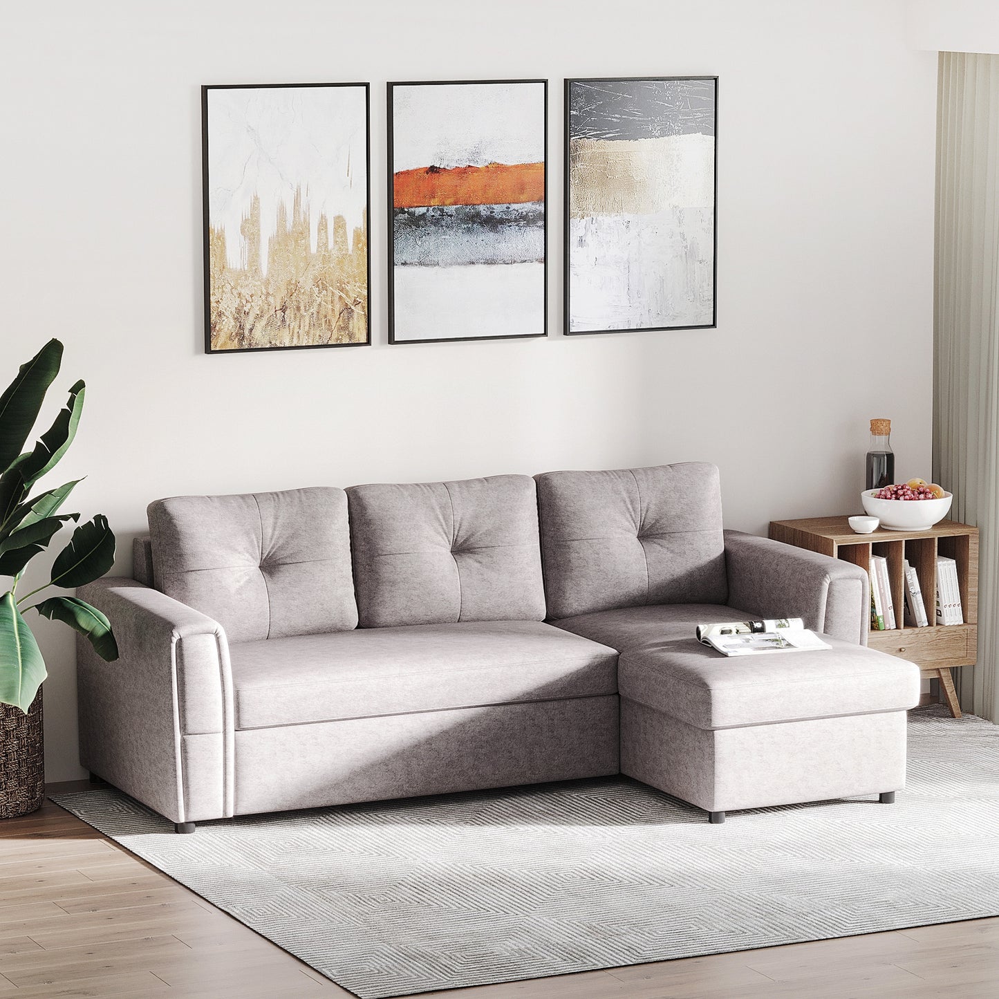 Linen-Look L-Shaped Sofa Bed.