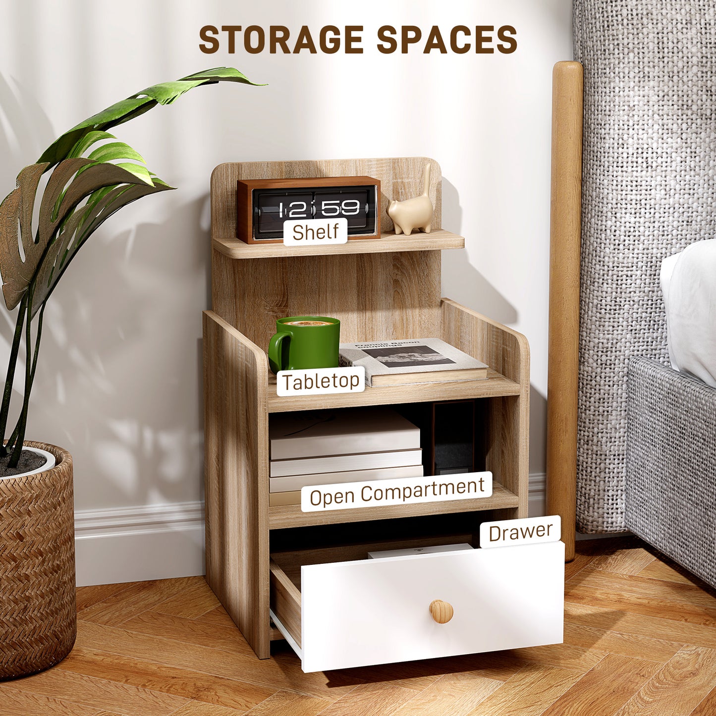 Chic HOMCOM Bedside Table with Drawer & Shelves - Stylish Storage Solution