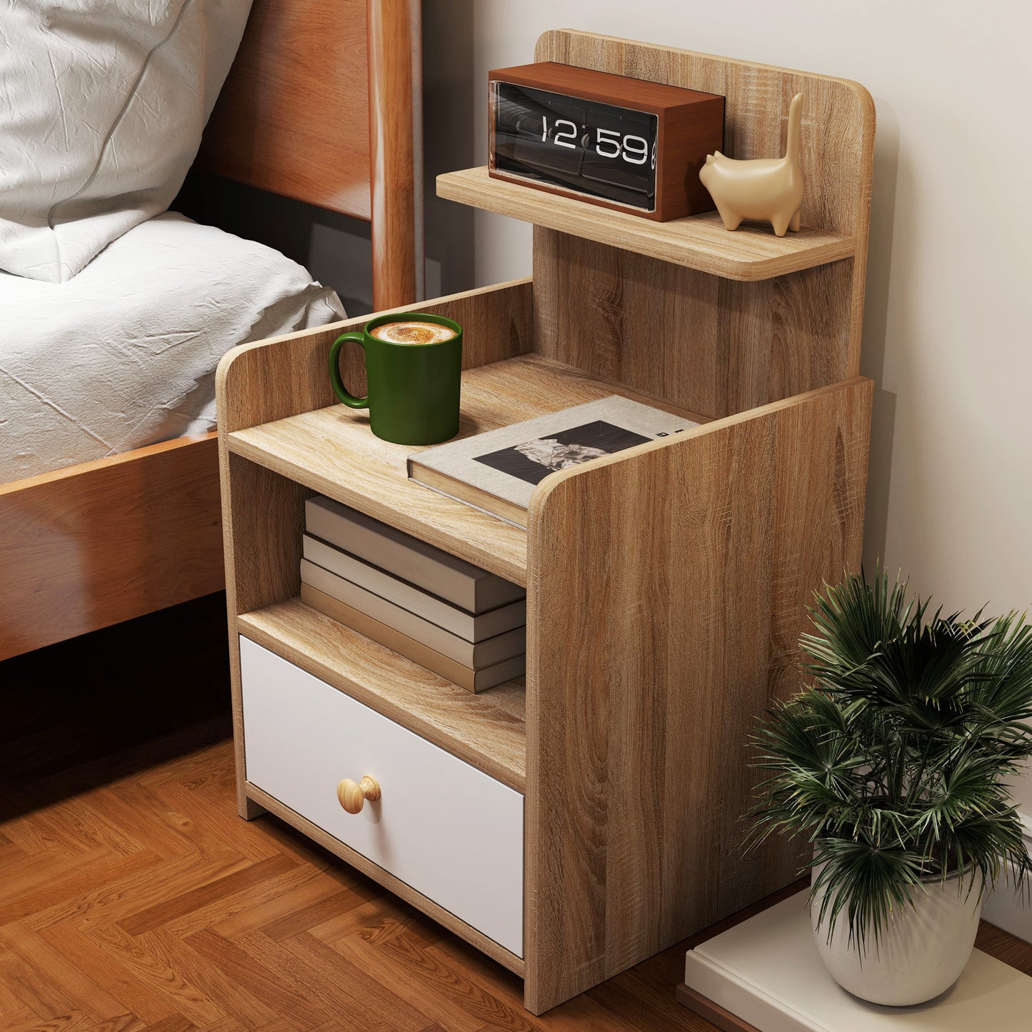 Chic HOMCOM Bedside Table with Drawer & Shelves - Stylish Storage Solution