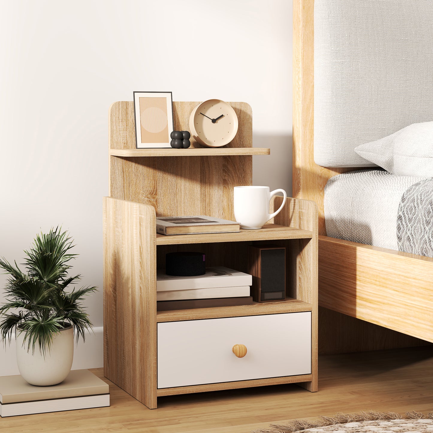 Bedside Table with Drawer & Shelves