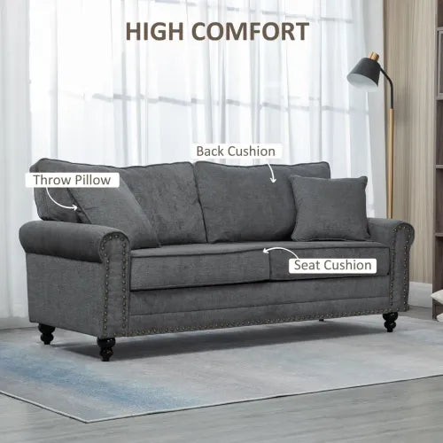 Chic Grey 2-Seater Sofa with Nailhead Trim & Pillows - Perfect for Small Spaces!
