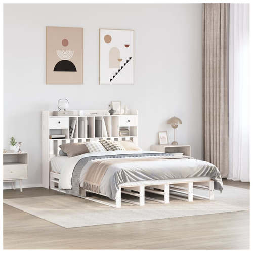 King Size Bookcase Bed - Stylish White Solid Pinewood Frame