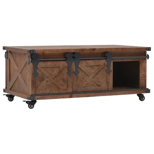 Rustic Solid Fir Wood Coffee Table with Wheels & Storage