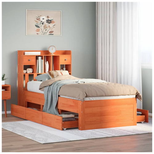 Wax Brown Bookcase Bed Frame – Space-Saving Solid Pinewood Design