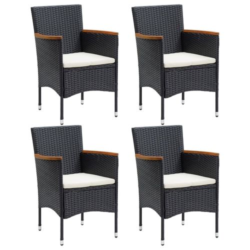 4-Piece Black Poly Rattan Garden Dining Chair Set with Cream Cushions