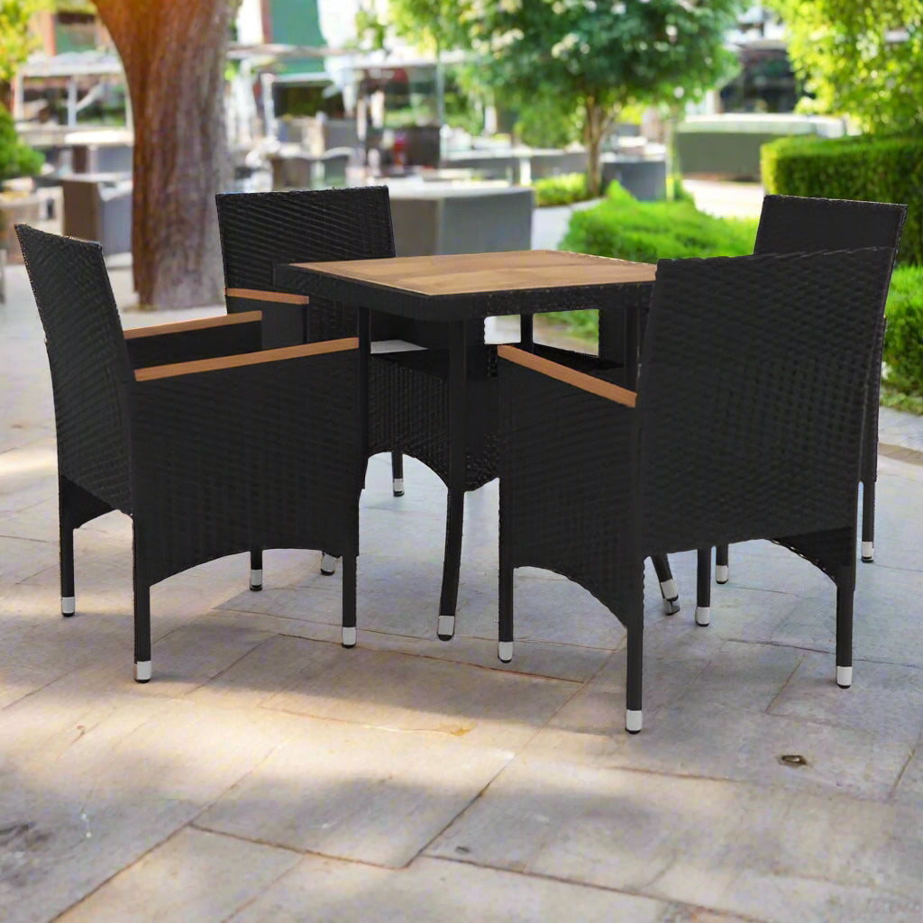 5-Piece Black Garden Dining Set: Poly Rattan & Solid Wood