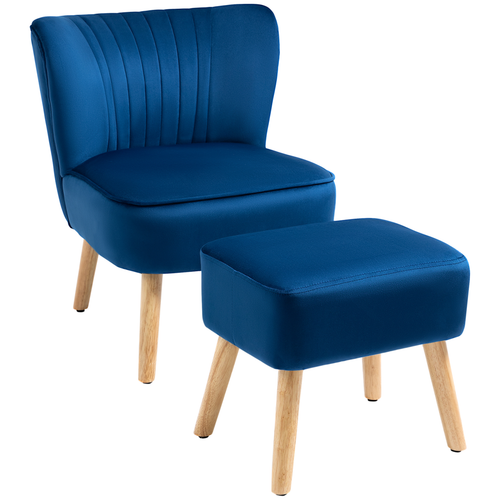 Velvet Accent Chair & Ottoman Set - Elegant Dark Blue Comfort