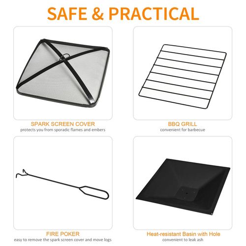 Square Garden Fire Pit Table – BBQ, Poker & Mesh Cover Included!