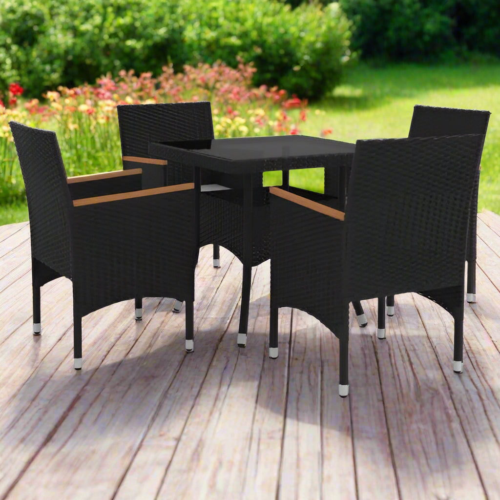 5-Piece Black Poly Rattan Garden Dining Set with Cream Cushions