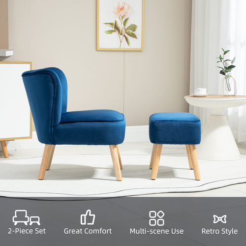 Velvet Accent Chair & Ottoman Set - Elegant Dark Blue Comfort