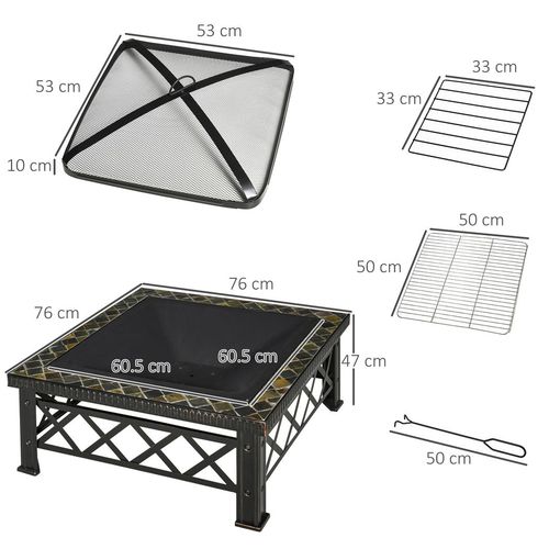 Square Garden Fire Pit Table – BBQ, Poker & Mesh Cover Included!