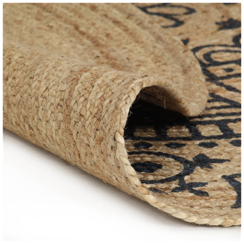 Natural Jute Rug with Dark Blue Pattern - Handmade