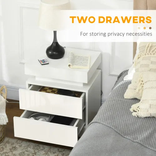 LED Nightstand with 2 Drawers & Glossy Finish