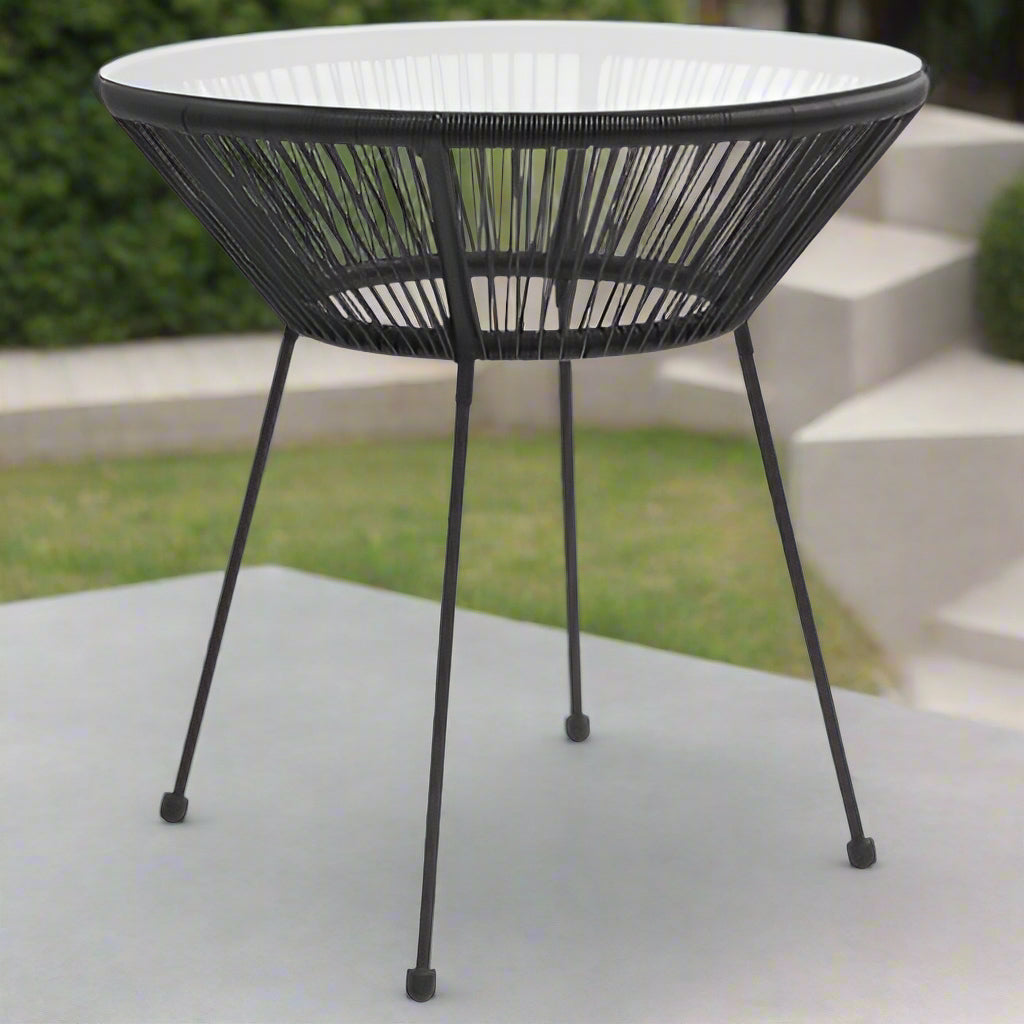 Stylish Black Rattan & Glass Garden Dining Table Ø70cm - Perfect for Outdoor Elegance