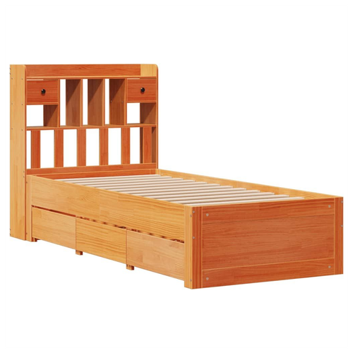 Wax Brown Bookcase Bed Frame – Space-Saving Solid Pinewood Design