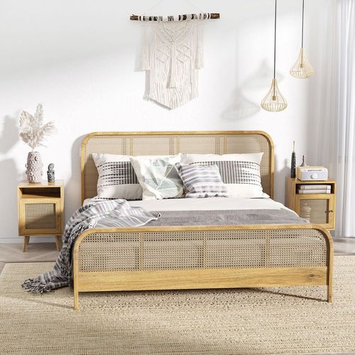 Rattan Bedside Table: Stylish Nightstand with Cabinet & Shelf