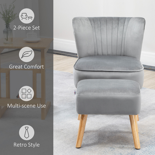 Elegant Velvet-Feel Accent Chair & Ottoman Set - Light Grey Comfort & Style