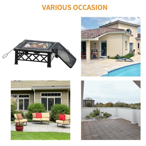 Square Garden Fire Pit Table – BBQ, Poker & Mesh Cover Included!