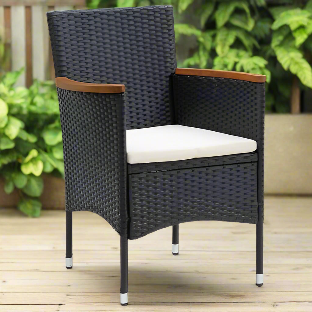 4-Piece Black Poly Rattan Garden Dining Chair Set with Cream Cushions
