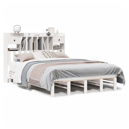 King Size Bookcase Bed - Stylish White Solid Pinewood Frame