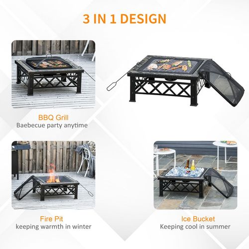 Square Garden Fire Pit Table – BBQ, Poker & Mesh Cover Included!