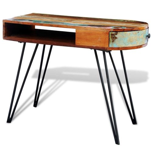 Rustic Reclaimed Wood Desk with Stylish Iron Legs and Multi-Color Drawer