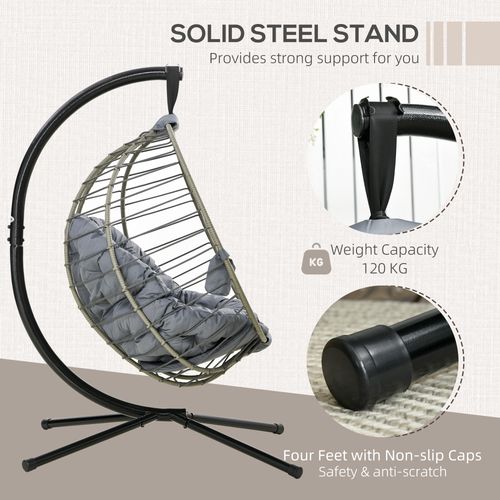 Grey PE Rattan Hanging Swing Chair with Stand & Cup Holder