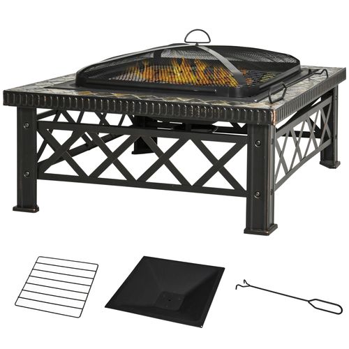 Square Garden Fire Pit Table – BBQ, Poker & Mesh Cover Included!