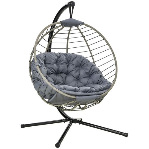 Grey PE Rattan Hanging Swing Chair with Stand & Cup Holder