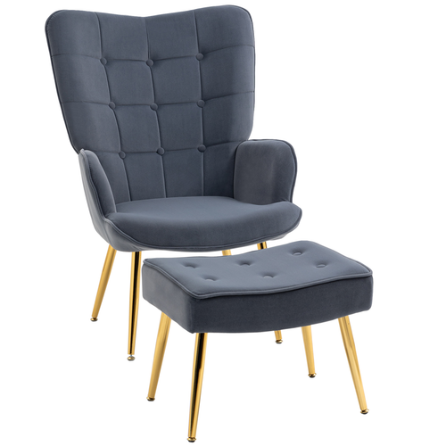 Velvet Armchair & Footstool Set with Gold Steel Legs - Dark Grey Comfort