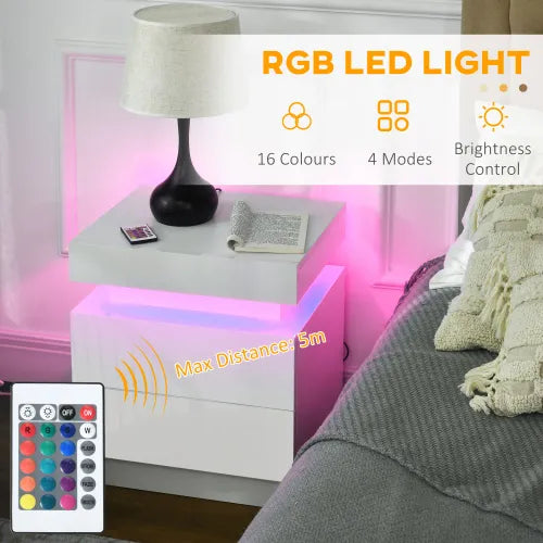 LED Nightstand with 2 Drawers & Glossy Finish