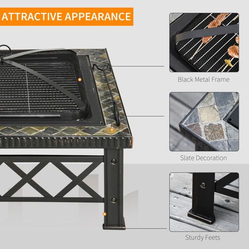 Square Garden Fire Pit Table – BBQ, Poker & Mesh Cover Included!