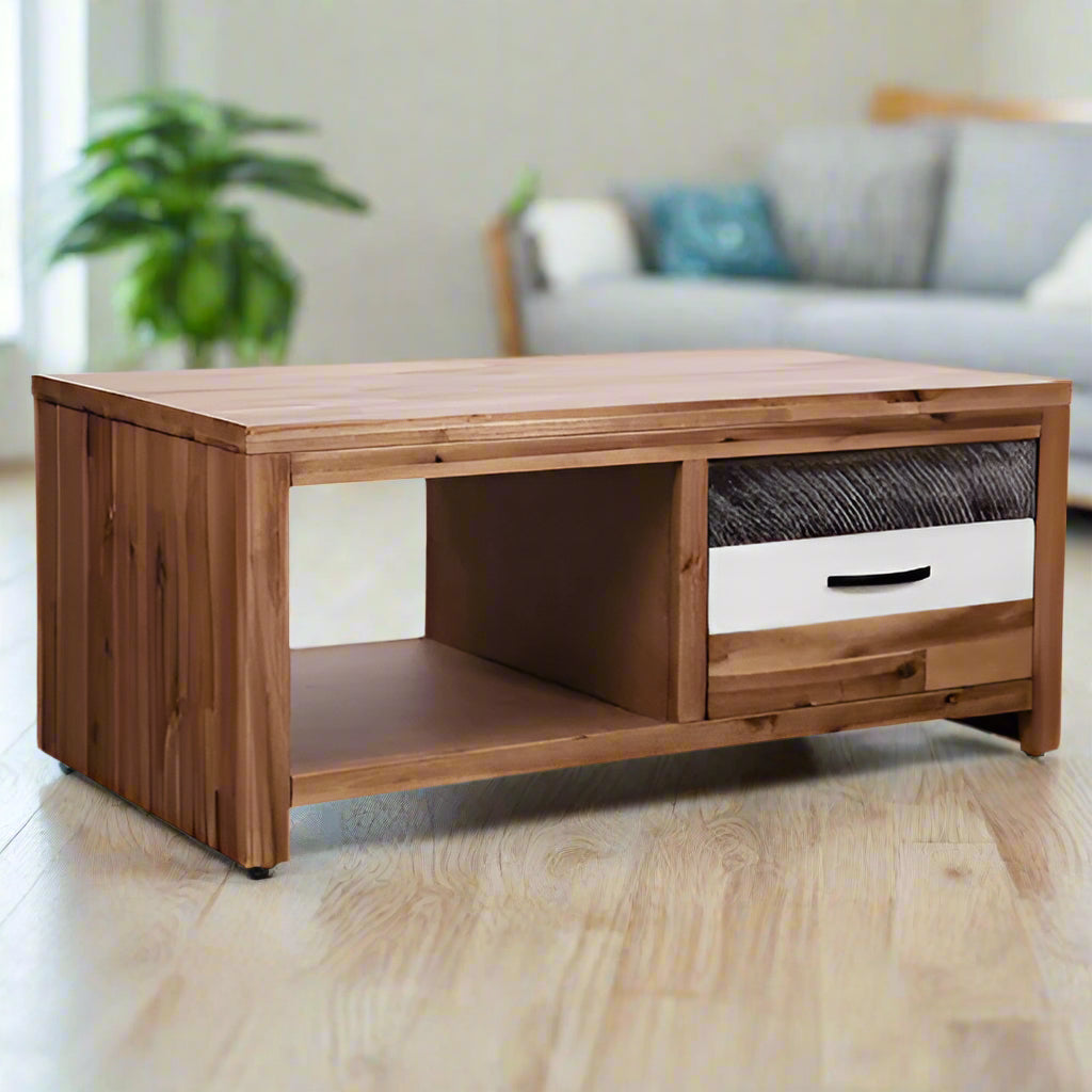 Solid Acacia Wood Coffee Table with Drawer & Shelf