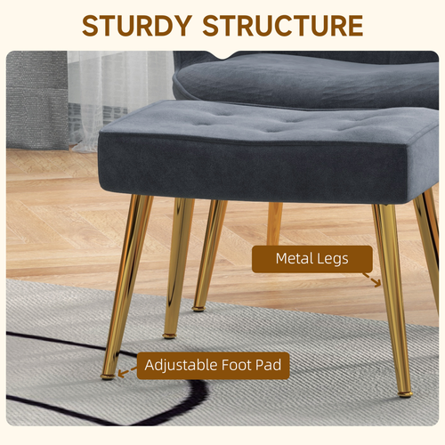 Velvet Armchair & Footstool Set with Gold Steel Legs - Dark Grey Comfort