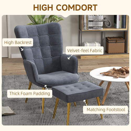 Velvet Armchair & Footstool Set with Gold Steel Legs - Dark Grey Comfort