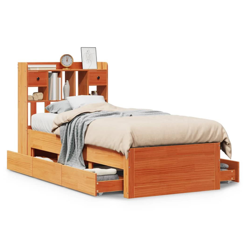 Wax Brown Bookcase Bed Frame – Space-Saving Solid Pinewood Design