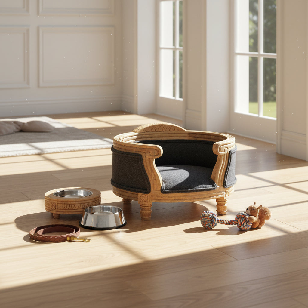 Carved Battleship Tweed Pet Bed