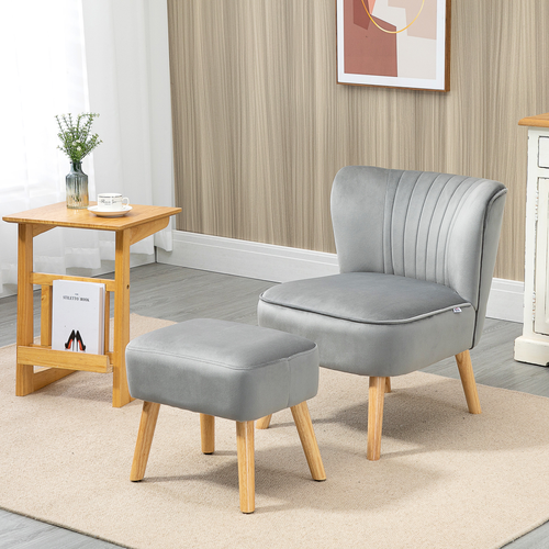 Elegant Velvet-Feel Accent Chair & Ottoman Set - Light Grey Comfort & Style