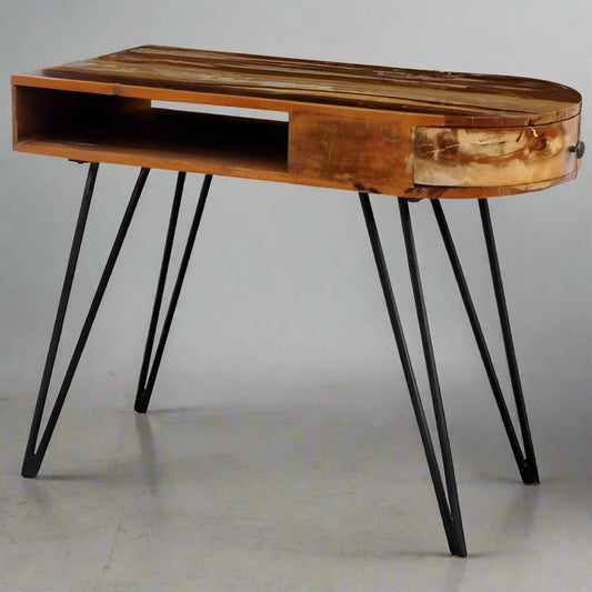 Rustic Reclaimed Wood Desk with Stylish Iron Legs and Multi-Color Drawer