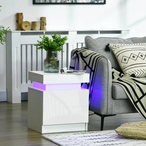LED Nightstand with 2 Drawers & Glossy Finish