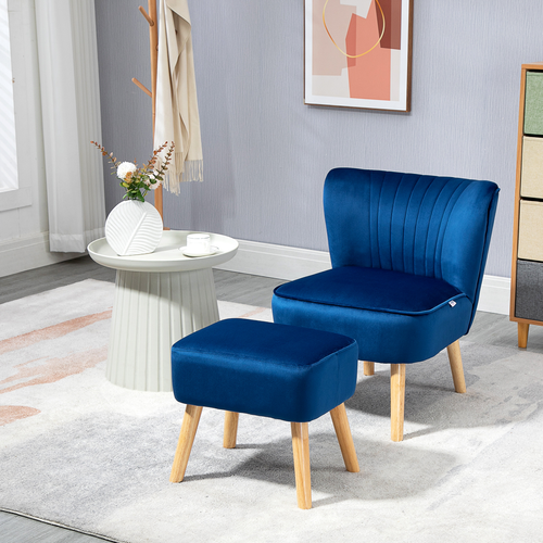 Velvet Accent Chair & Ottoman Set - Elegant Dark Blue Comfort