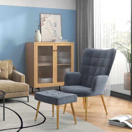 Velvet Armchair & Footstool Set with Gold Steel Legs - Dark Grey Comfort