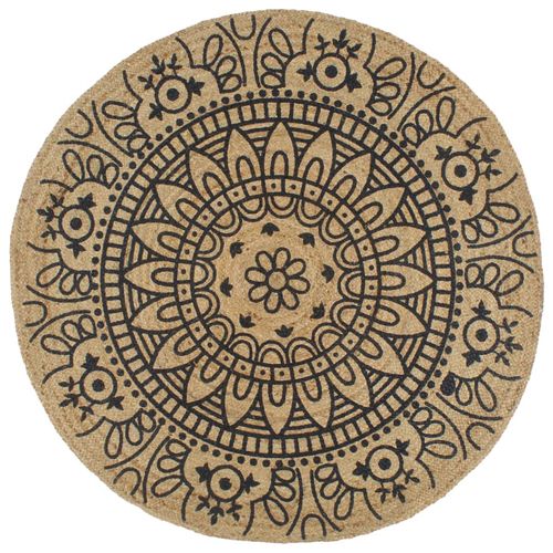 Natural Jute Rug with Dark Blue Pattern -  Handmade